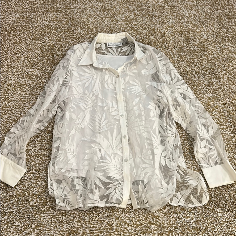 George Simonton Sheer White Floral Blouse